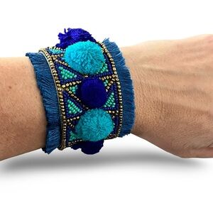 Bohemian Blue and Gold Textile Beaded Cuff Bracelet
